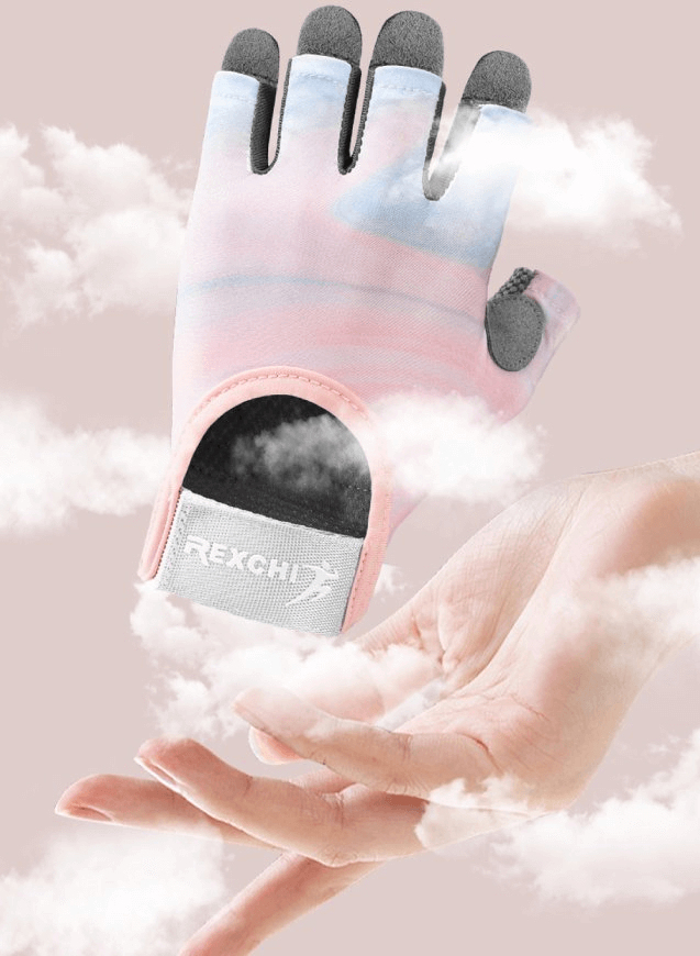 Stylish elastic women's fingerless glove floating above a hand, ideal for training and cycling.